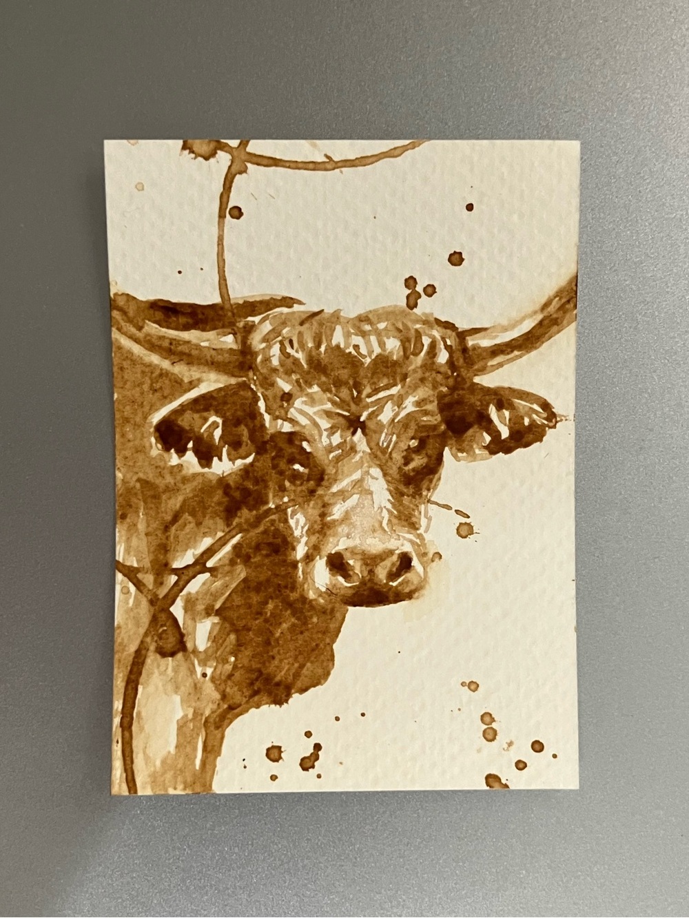 ORIGINAL coffee bull painting cow art ACEO miniature realism artwork farmhouse